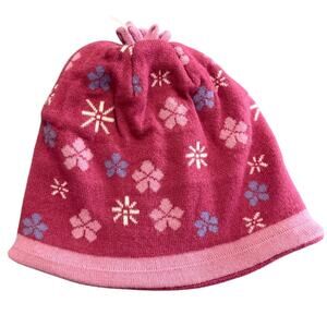 L.L. Bean Girls Knit Beanie Large Pink Blue Fleece Lining Snowflakes Winter Hat